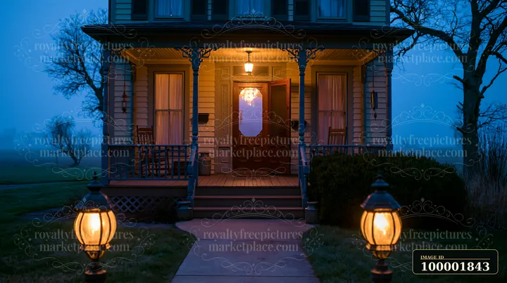 A country house with open front door is seen at dusk, illuminated by porch lights.