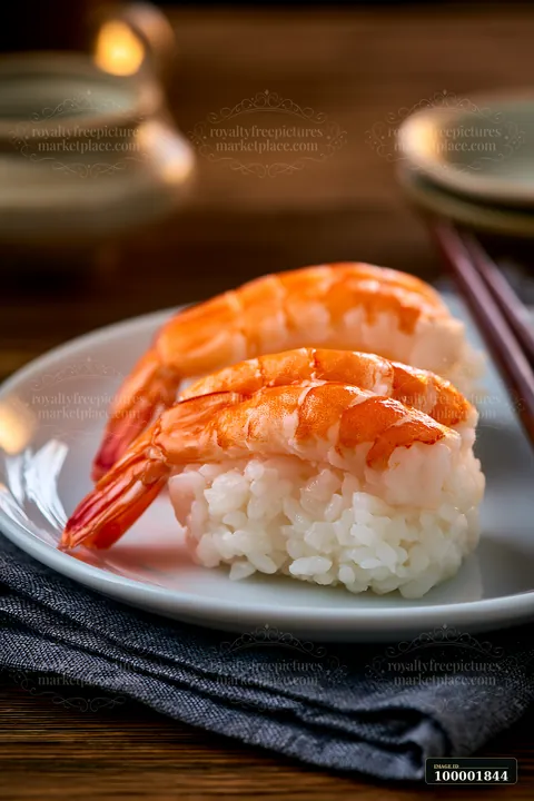 One shrimp sushi piece on white plate sits beside another piece.