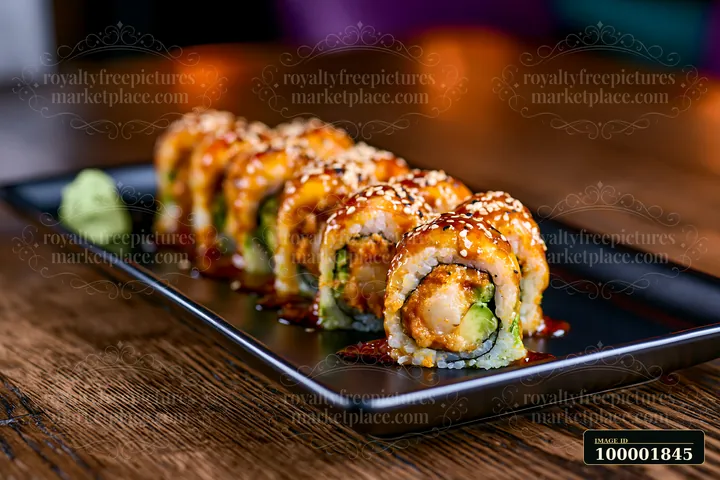 A close-up view of a dragon roll on a black plate with a side of wasabi.