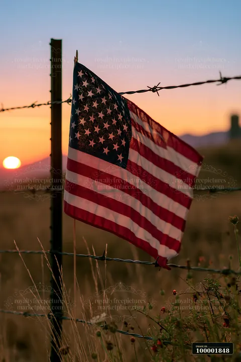 The American flag is attached to a barbed wire fence during sunset, surrounded by tall grass and wildflowers.