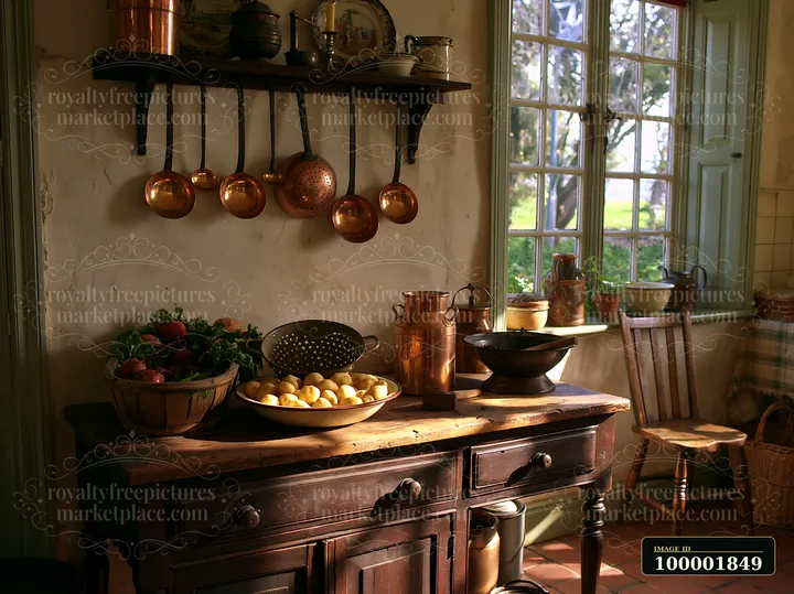 Bright sunlight streams through the window in a farmhouse kitchen, highlighting copper cookware hanging on the wall and a wooden table adorned with fresh produc