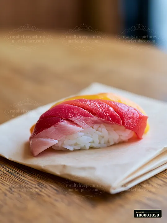 A single sushi piece with colorful fish topping rests on a light paper napkin atop a wooden table.