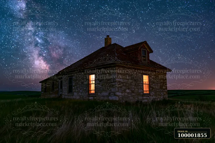 A stone country house stands in a field under a starry sky.