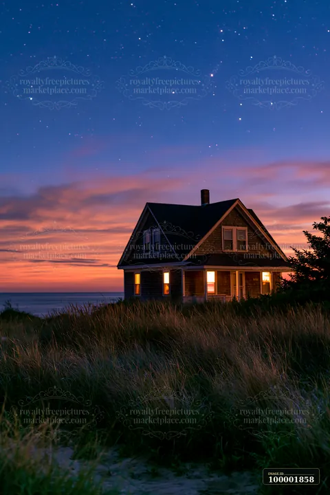 A lighthouse house under stars stands brightly against the night sky by the beach.
