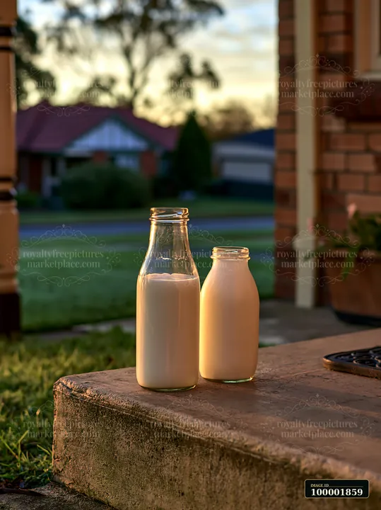 Two glass milk bottles sit quietly on a doorstep during sunrise.