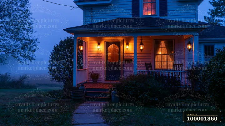 A country house with open front door is illuminated by warm lights in the evening fog.