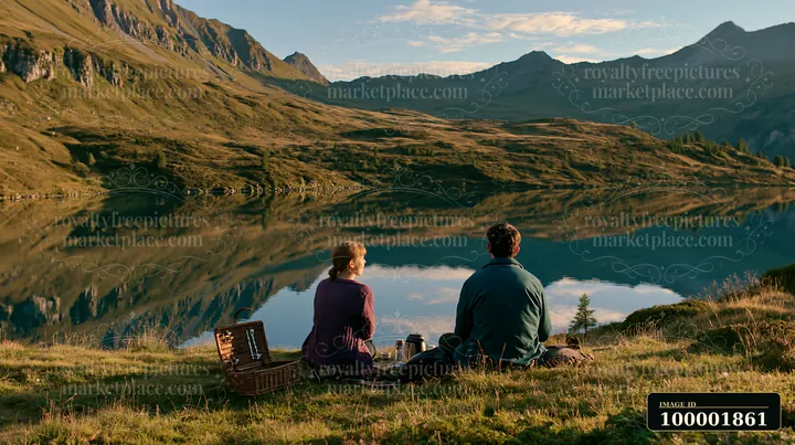 Two people sit on the grass near an alpine lake in Switzerland, sharing a picnic while enjoying the view of mountains and reflections on the water.