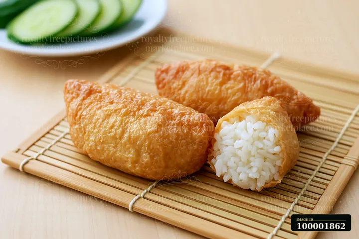 Inari sushi pockets filled with rice rest on a bamboo mat with sliced cucumbers in the background.