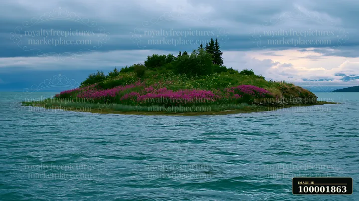 A small island features vibrant flowers surrounding green trees.