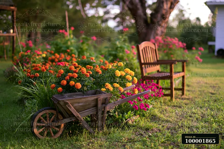 A marigold flower bed features bright orange and yellow flowers, accompanied by a wooden wheelbarrow and a garden chair, all set in a lush green yard during gol