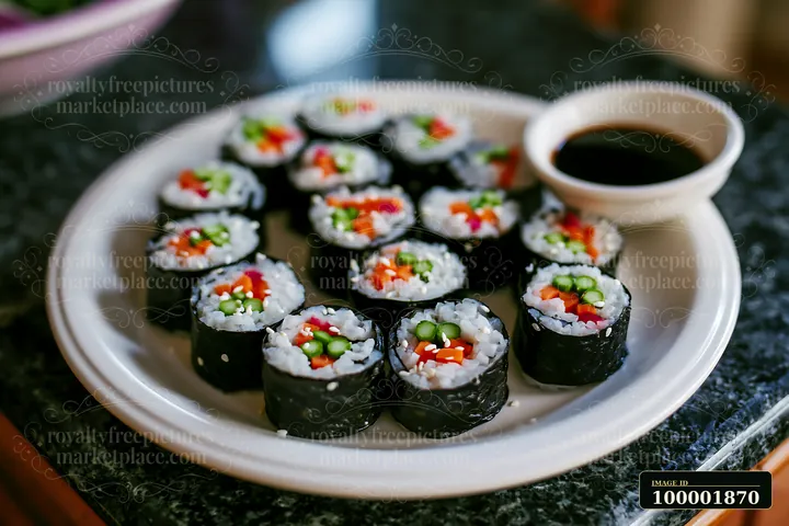 A vibrant vegan sushi platter features slices of sushi rolls filled with vegetables and served with a small dipping bowl of sauce.