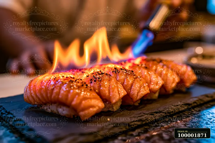 A sushi chef is torch searing nigiri on a black slate plate in a restaurant.