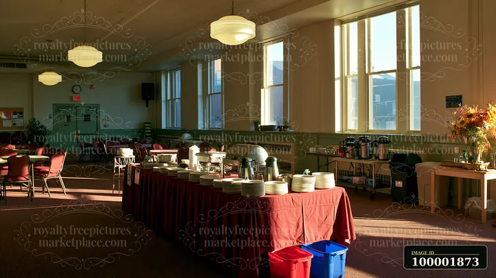Tables are arranged in a community hall for a church gathering buffet.
