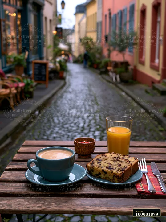 A street cafe table features milk coffee and breakfast items, set in a narrow alley lined with colorful buildings.