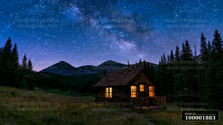 An isolated cabin under a starry sky stands in a field surrounded by tall trees and mountains.