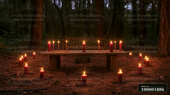 Candles arranged in a circle around a wooden bench create a warm glow in a dense forest.