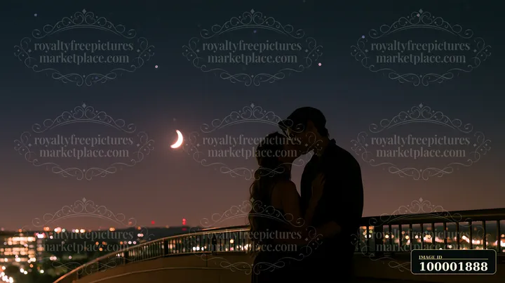 A couple embraces and shares a kiss against a dark night sky filled with stars and a crescent moon.