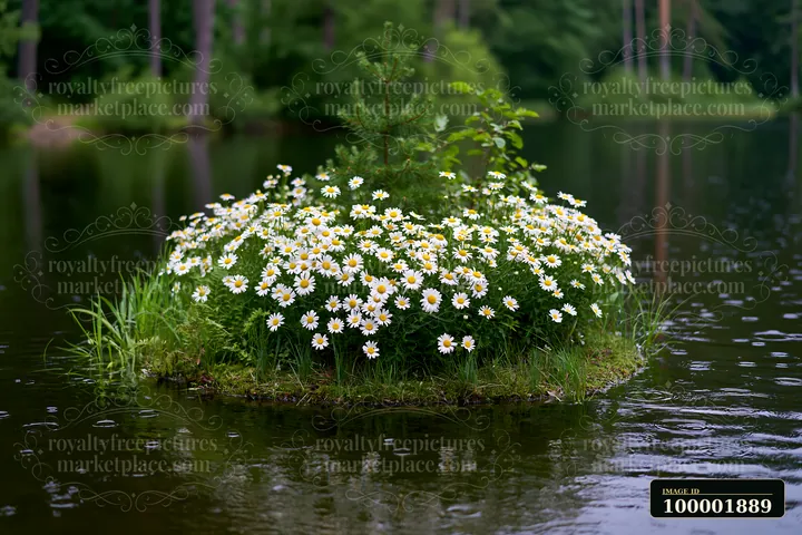A small island blooms with white flowers after rain, surrounded by still water.