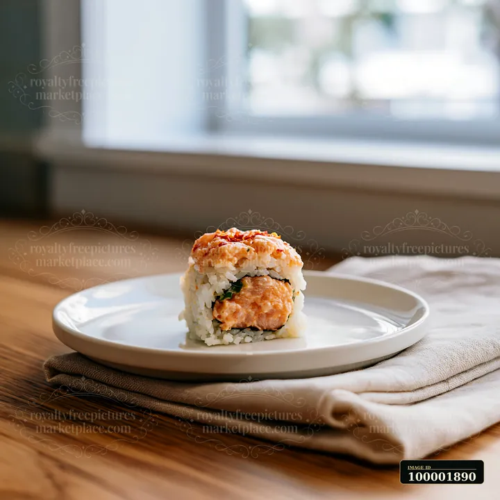 A spicy salmon sushi roll with chili sits on a white plate on a wooden table.