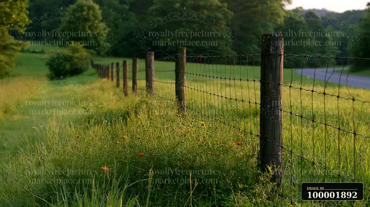 A meadow beside a rural road features a wooden fence with wire, surrounded by grass and wildflowers on a sunny day.
