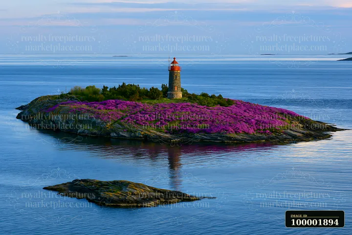 A lighthouse stands on an island adorned with colorful flowers, reflecting on the smooth water.