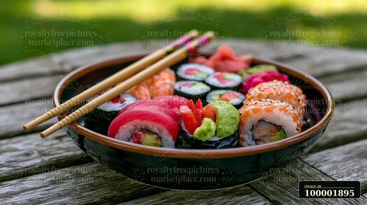 Sushi with chopsticks resting on bowl sits on a wooden table outdoors.