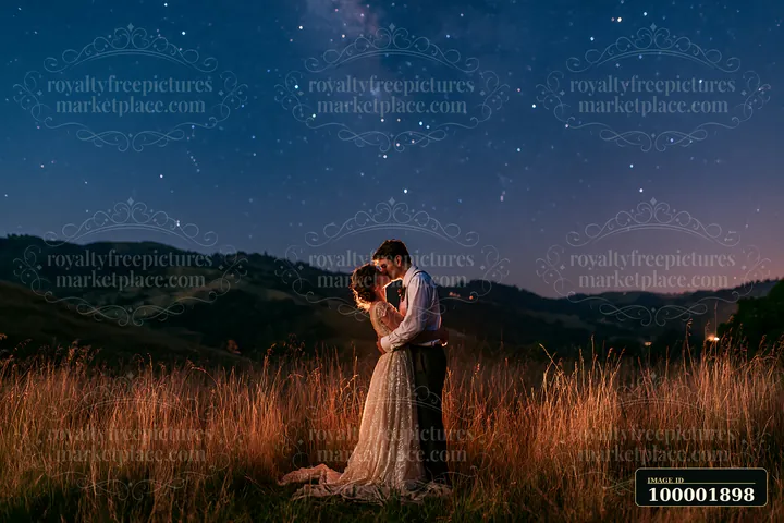 A wedding couple kissing under a star-filled sky stands in a field surrounded by tall grass.