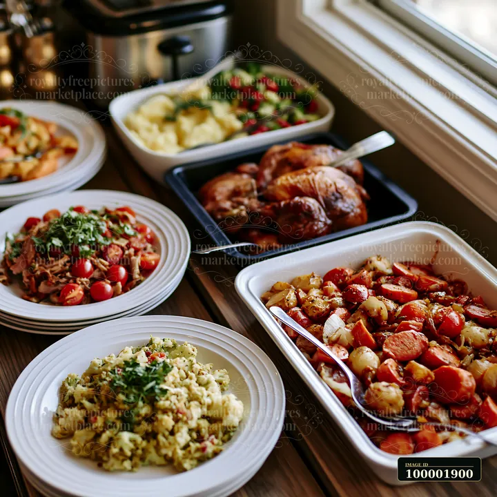 A variety of dishes including salads, roasted vegetables, and meats are arranged on a wooden table near a window.