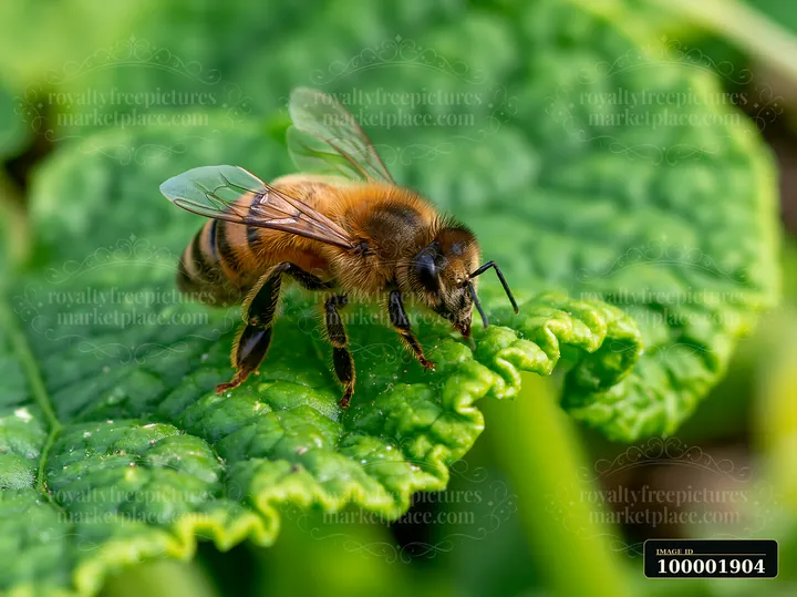 A honey bee resting on a green leaf in a garden.