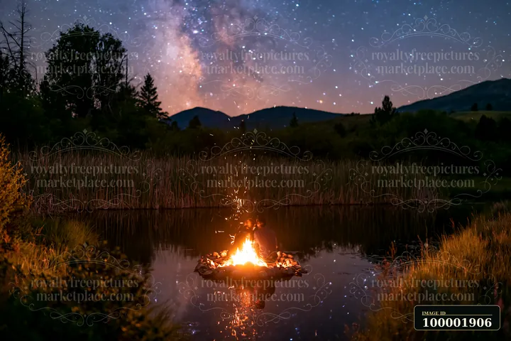 A couple is sitting beside a glowing campfire under stars, enjoying a peaceful evening near a still water body surrounded by trees and mountains.