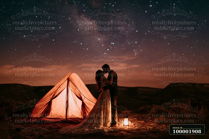 A couple kissing under a starry sky stands close together near a lit tent.