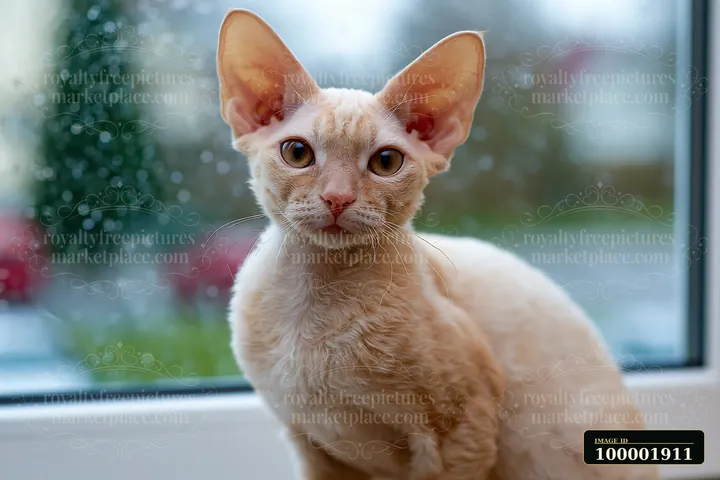 A Devon Rex cat with large ears looks directly at the camera while sitting near a window.