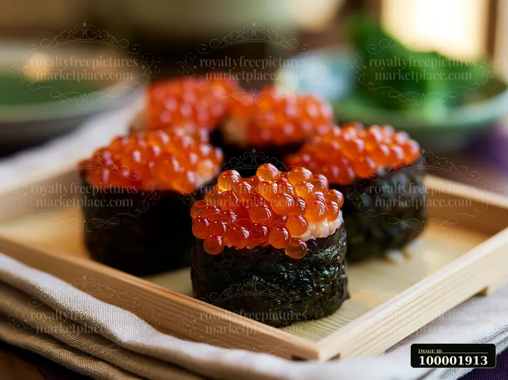 Fresh ikura salmon roe sushi is arranged on a wooden plate with a textured surface.