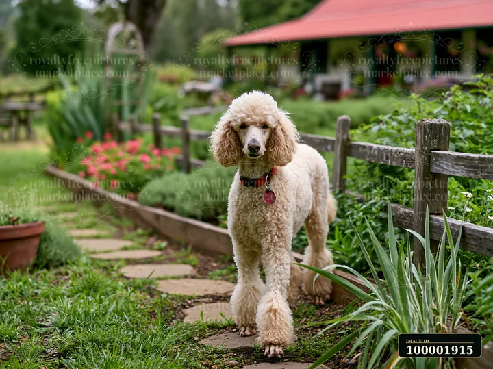 A dog walks along a stone path beside a rural cottage surrounded by greenery and flowers.