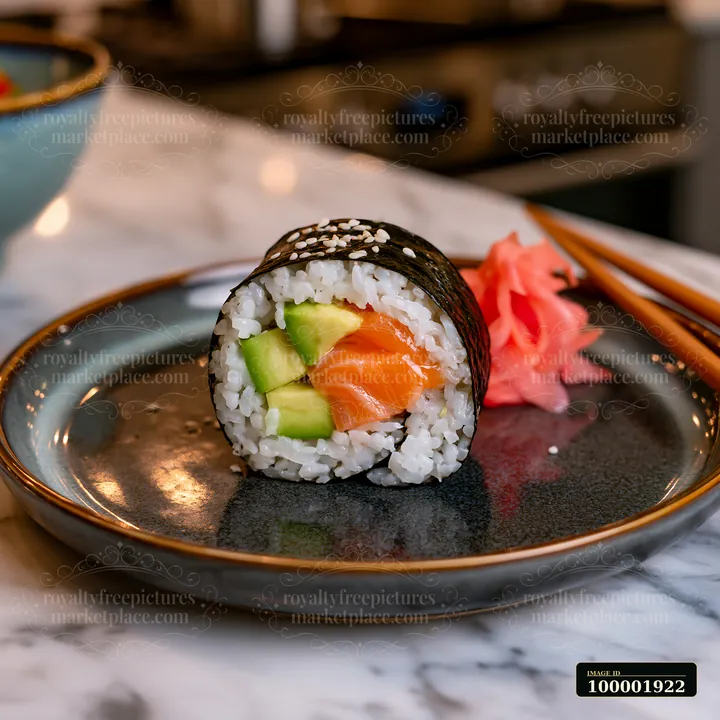 A single sushi roll on ceramic plate with pickled ginger sits on a marble countertop, showcasing salmon and avocado.