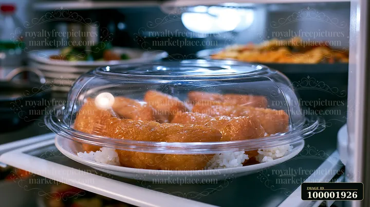 Inari sushi pockets filled with rice sit in a clear container inside a refrigerator.