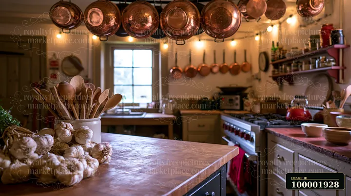 A cozy farmhouse kitchen showcases copper cookware hanging from a rack.