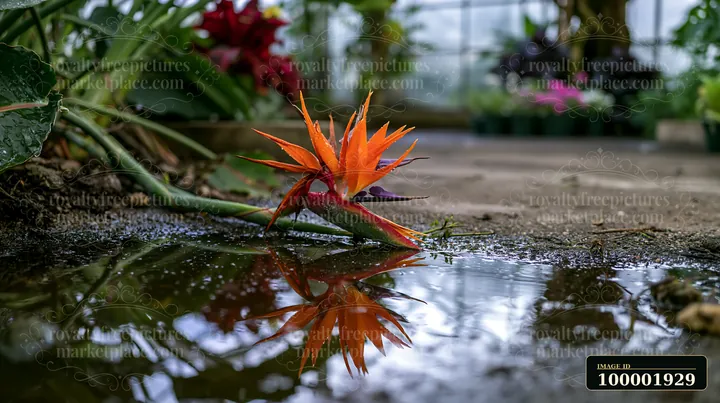 A bird of paradise flower rests near a pool of water in a greenhouse, surrounded by various plants.