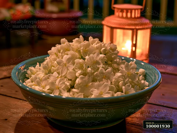 Jasmine flowers at dusk are arranged in a bowl on a wooden table, illuminated by soft candlelight.