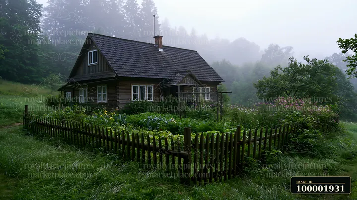 A cottage near forest edge stands surrounded by a garden with green plants.