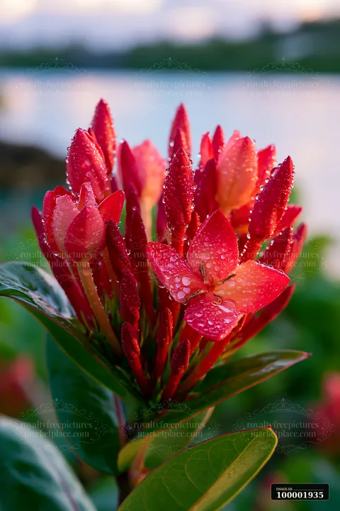 Bright red and pink flowers with water droplets grow on a plant near a tropical lagoon.