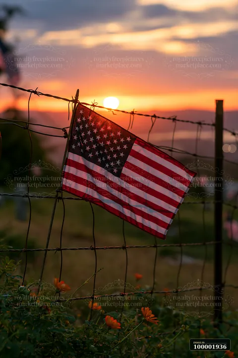 The American flag is seen behind barbed wire as the sun sets in the background, casting a warm glow across the landscape.