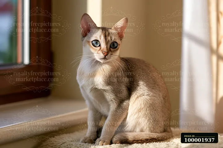 A Singapura cat sits on a soft surface near a window, with sunlight highlighting its features.