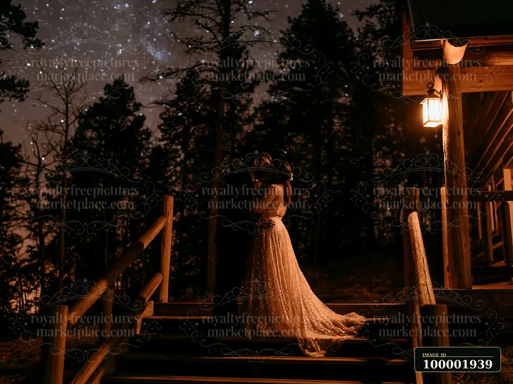 Newlyweds kiss outdoors beneath stars with tall trees in the background and a cabin nearby.
