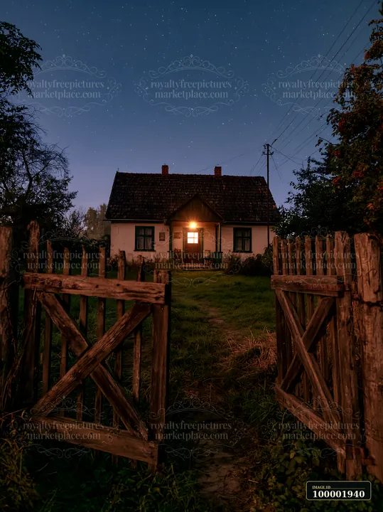 A cozy farmhouse beneath night sky stands with a glowing window.
