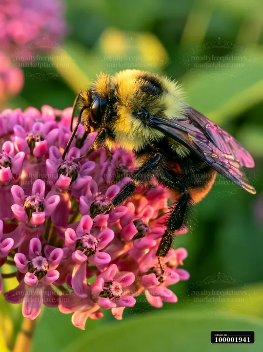 A bee is collecting nectar from milkweed flowers in a garden setting during golden hour.