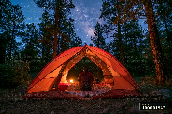 A person sits inside a tent, gazing at a starry night sky filled with stars and the Milky Way.