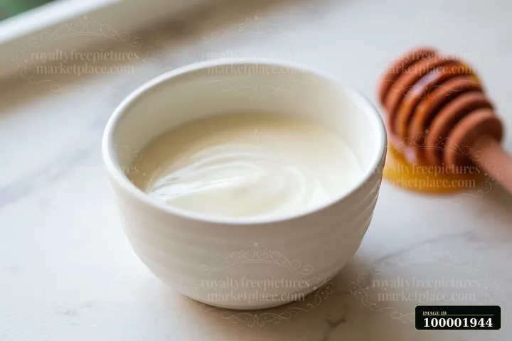 A small bowl filled with cream sits beside a honey dipper on a countertop.