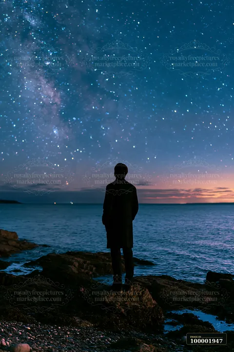 A person stands on rocky shore while tall waves crash gently.