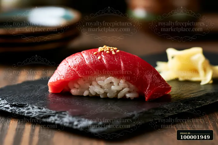 One sushi piece with pickled ginger is placed on a black stone plate.
